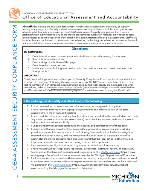 Oeaa Assessment Security Compliance Form - Michigan Download Pdf