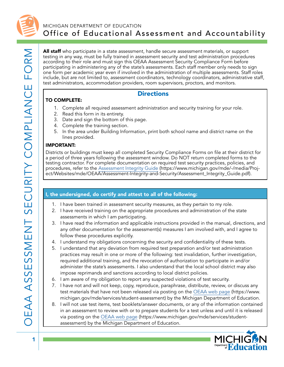 Oeaa Assessment Security Compliance Form - Michigan, Page 1
