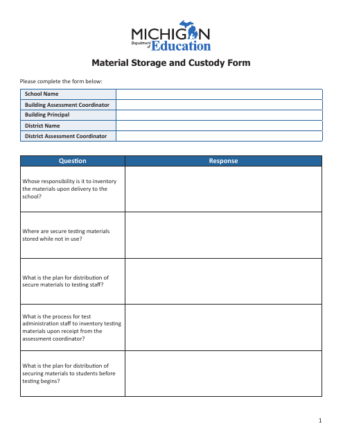 Material Storage and Custody Form - Michigan Download Pdf