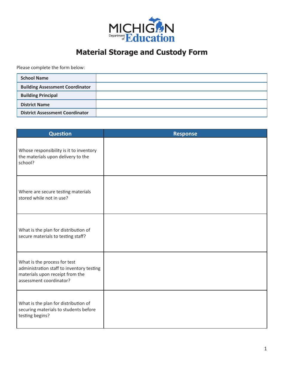 Material Storage and Custody Form - Michigan, Page 1