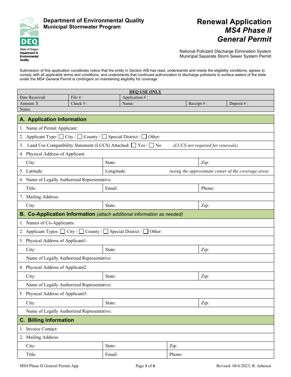 Renewal Application - Ms4 Phase II General Permit - Oregon, Page 1