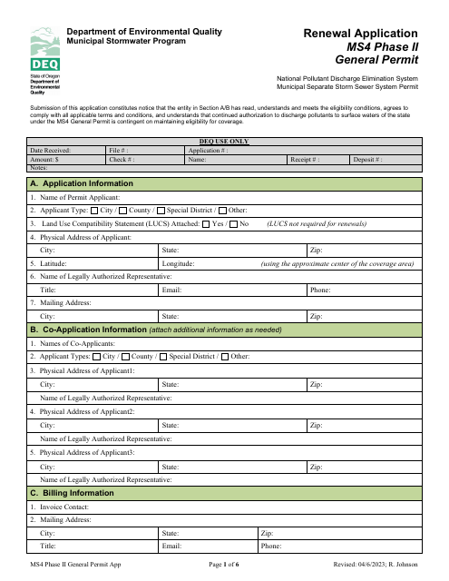 Renewal Application - Ms4 Phase II General Permit - Oregon Download Pdf