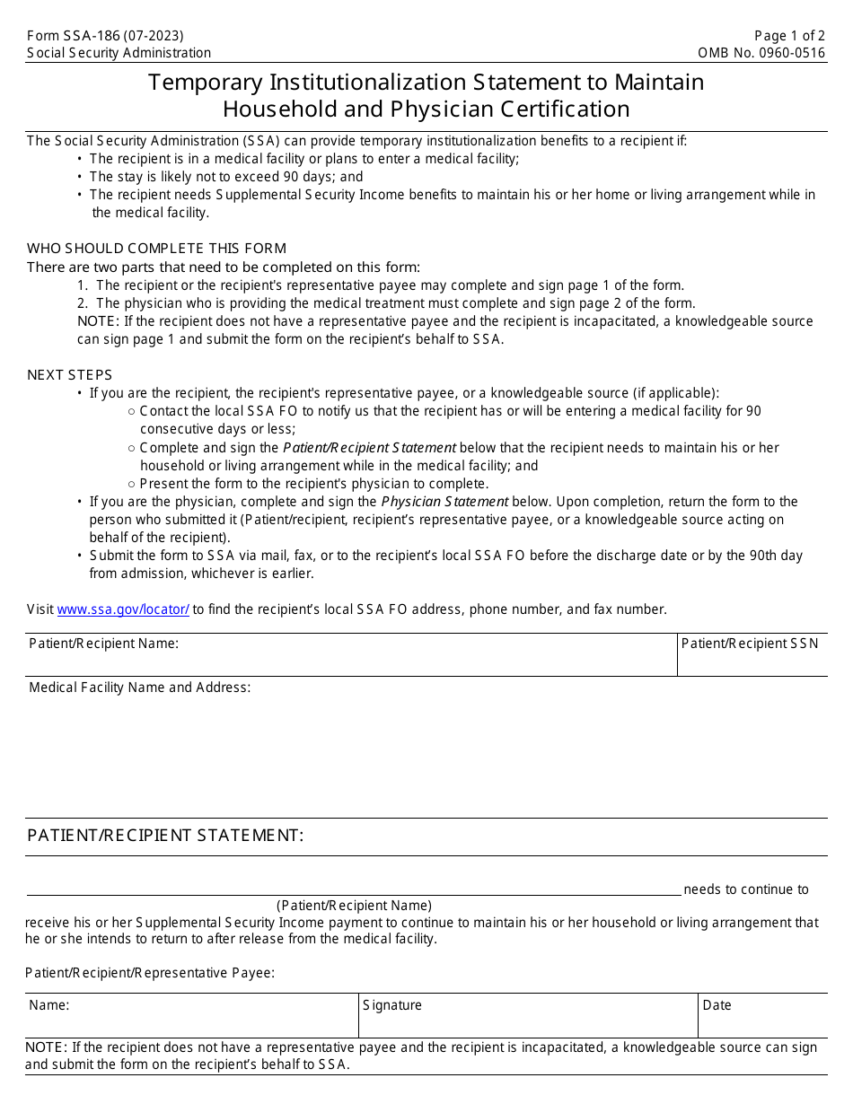 Form SSA-186 Temporary Institutionalization Statement to Maintain Household and Physician Certification, Page 1