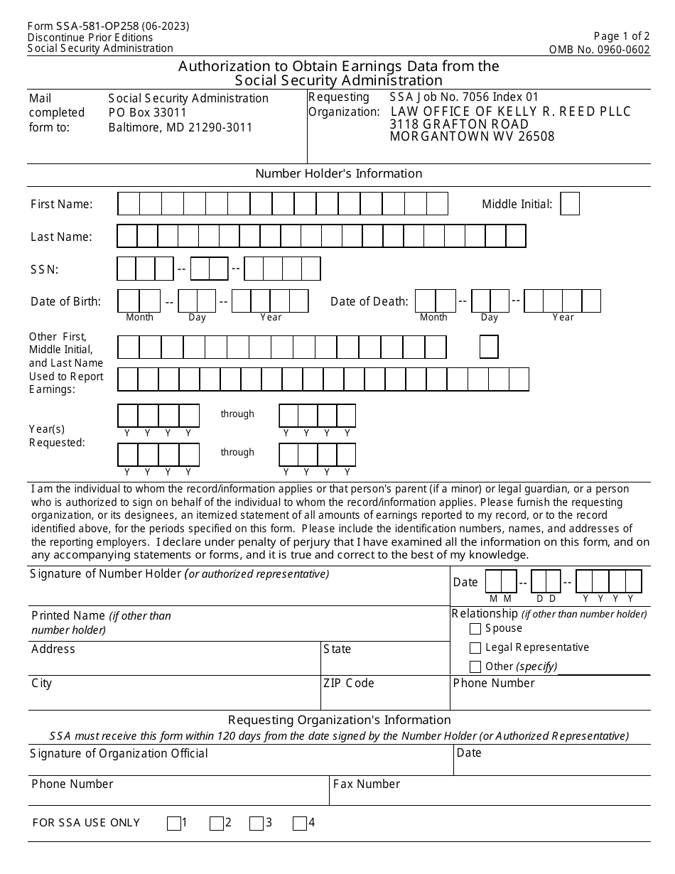Form SSA-581-OP258 Authorization to Obtain Earnings Data From the Social Security Administration, Page 1