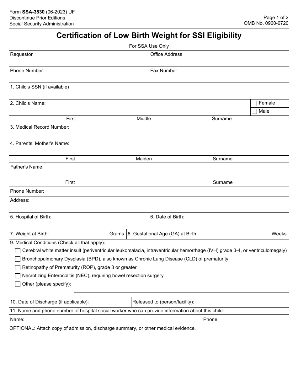 Form SSA-3830 Certification of Low Birth Weight for Ssi Eligibility, Page 1
