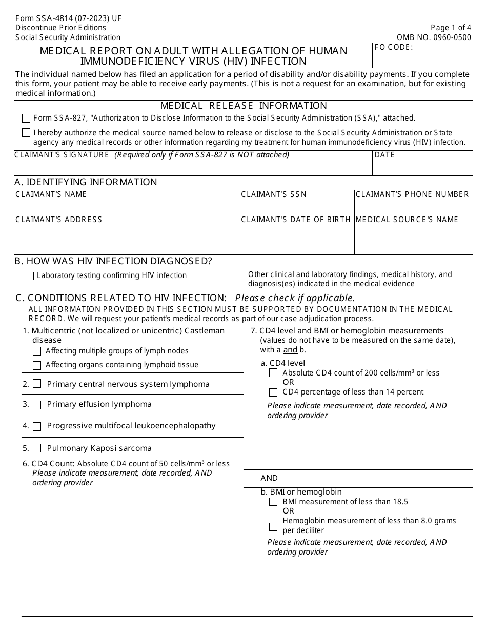 Form SSA-4814 Medical Report on Adult With Allegation of Human Immunodeficiency Virus (HIV) Infection, Page 1