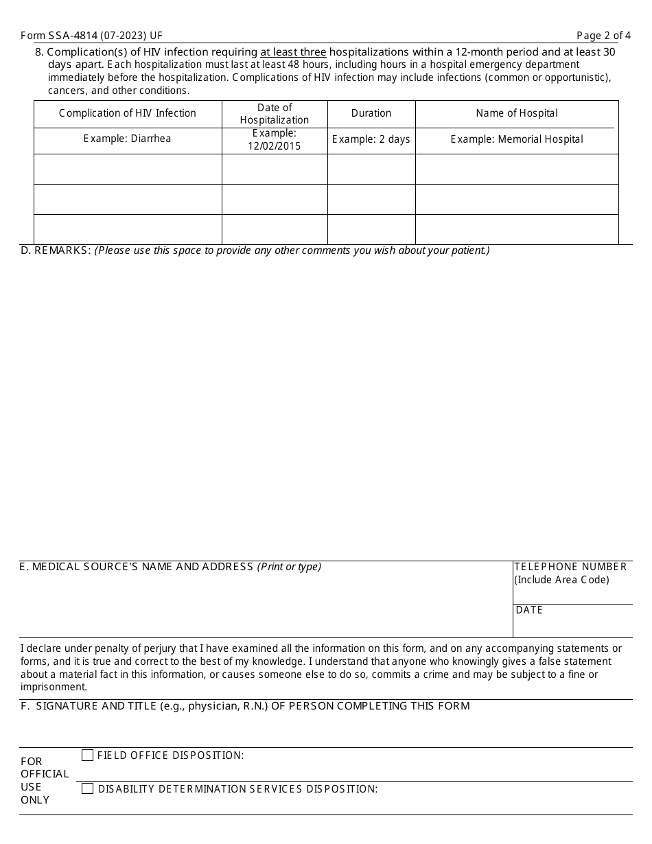 Form SSA-4814 Medical Report on Adult With Allegation of Human Immunodeficiency Virus (HIV) Infection, Page 2