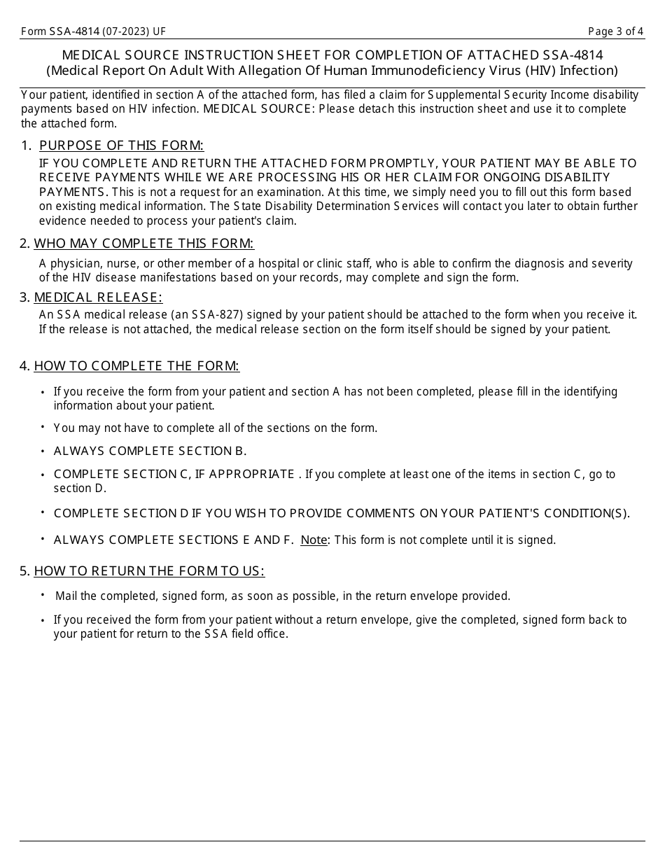 Form SSA-4814 Medical Report on Adult With Allegation of Human Immunodeficiency Virus (HIV) Infection, Page 3