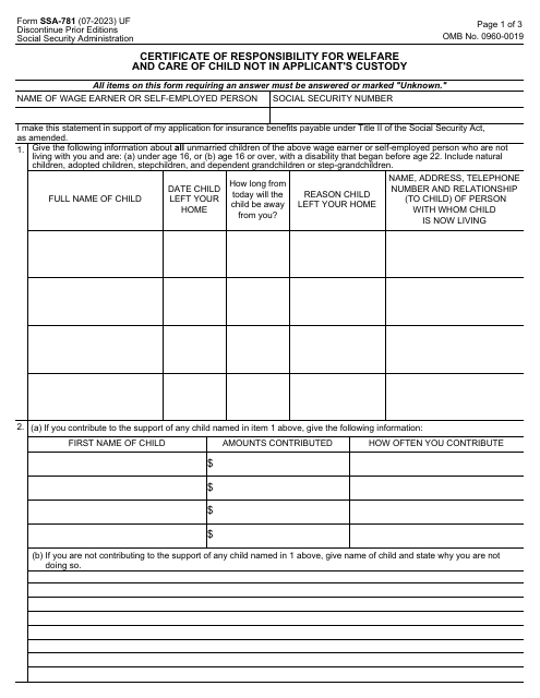 Form SSA-781 Certificate of Responsibility for Welfare and Care of Child Not in Applicant's Custody