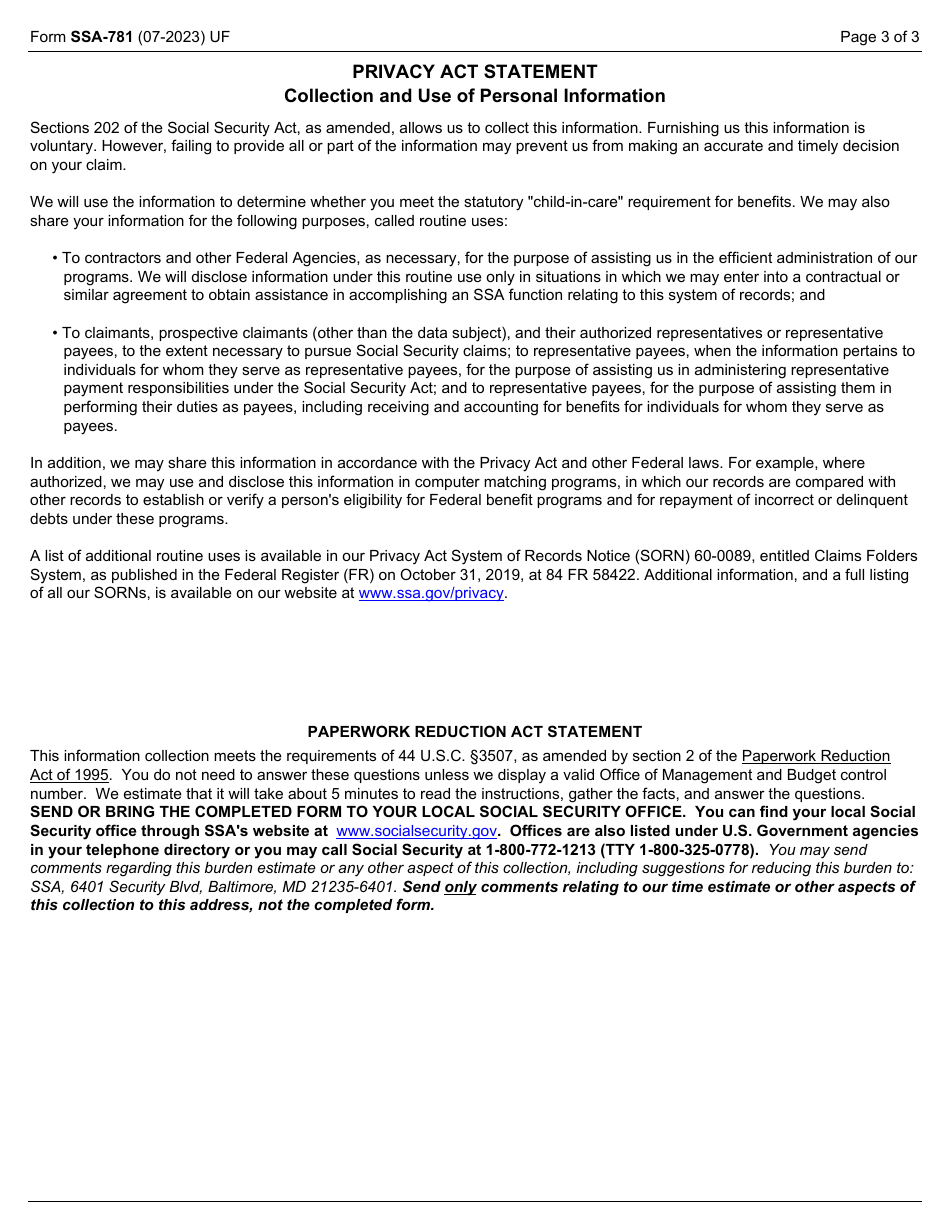 Form SSA-781 Certificate of Responsibility for Welfare and Care of Child Not in Applicants Custody, Page 3