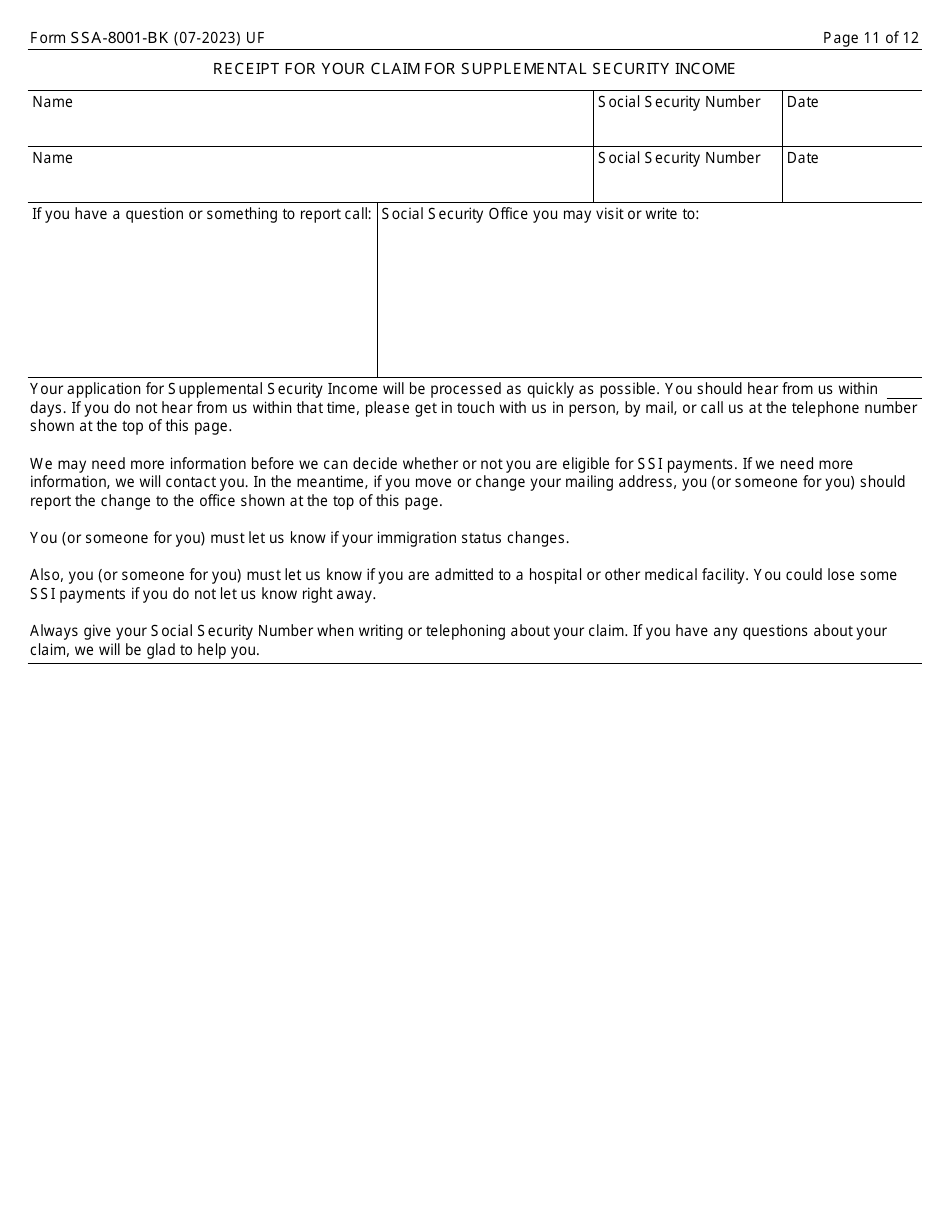 Form SSA-8001-BK Application for Supplemental Security Income (Ssi) (Deferred or Abbreviated), Page 11