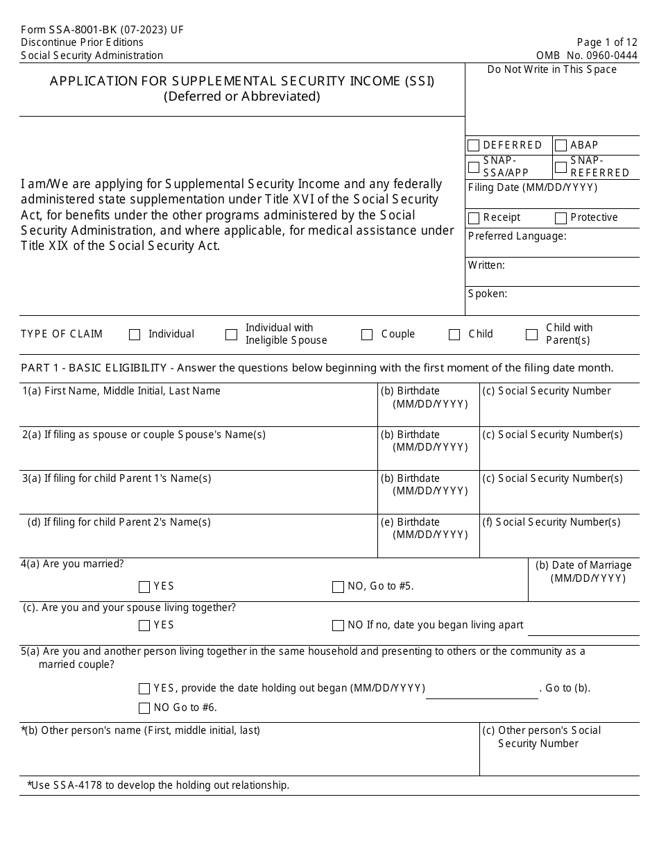 Form SSA-8001-BK Application for Supplemental Security Income (Ssi) (Deferred or Abbreviated), Page 1