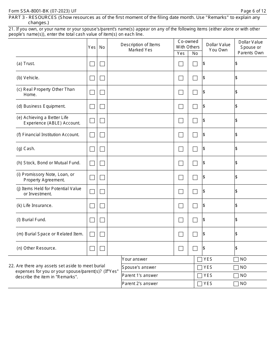 Form SSA-8001-BK Application for Supplemental Security Income (Ssi) (Deferred or Abbreviated), Page 6