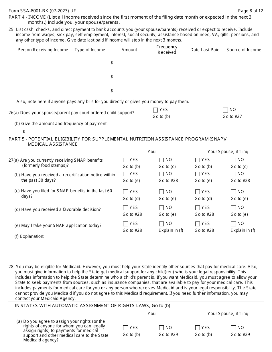 Form SSA-8001-BK Application for Supplemental Security Income (Ssi) (Deferred or Abbreviated), Page 8