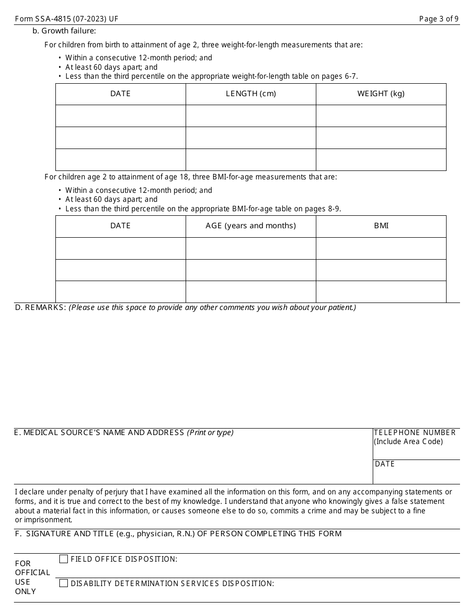 Form SSA-4815 Medical Report on Child With Allegation of Human Immunodeficiency Virus (HIV) Infection, Page 3