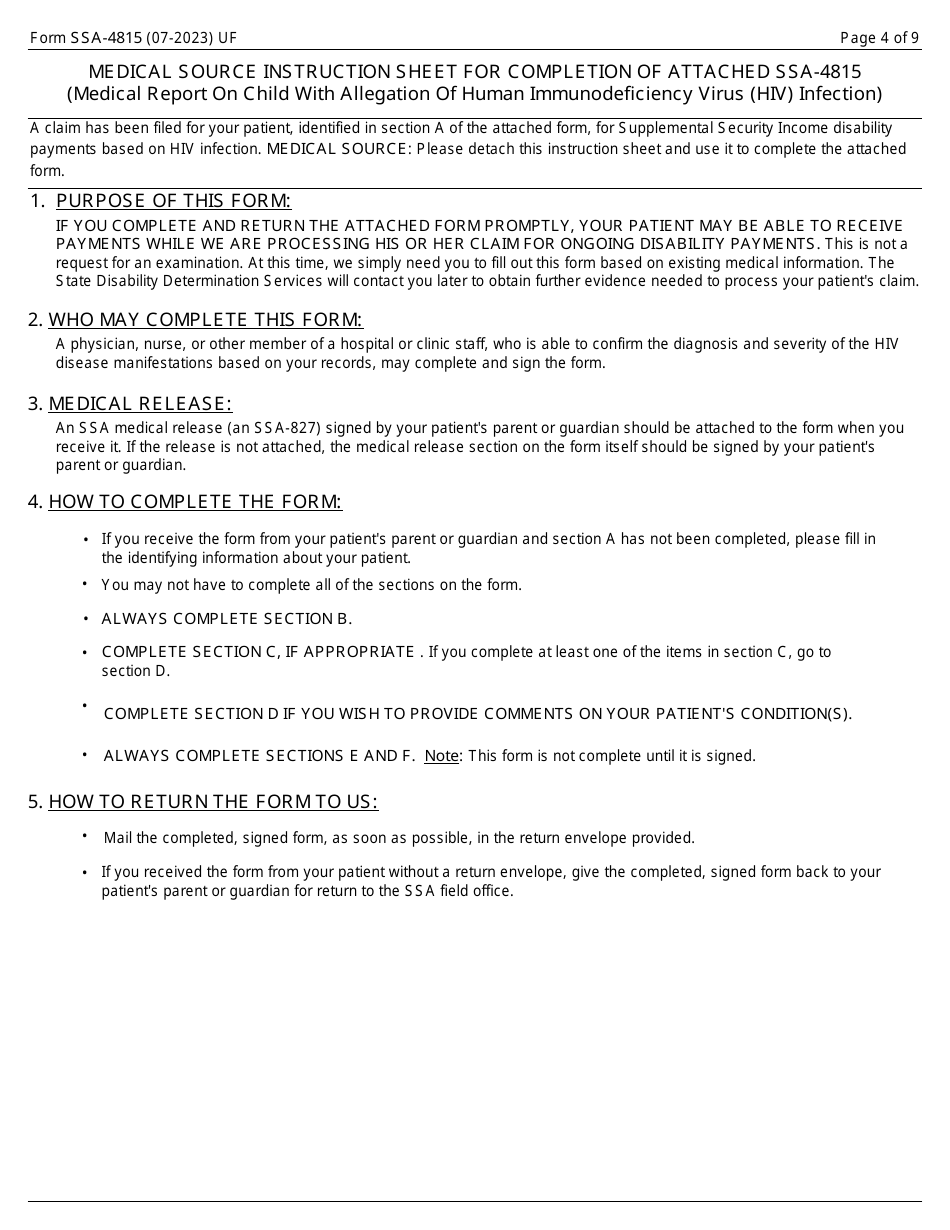 Form SSA-4815 Medical Report on Child With Allegation of Human Immunodeficiency Virus (HIV) Infection, Page 4