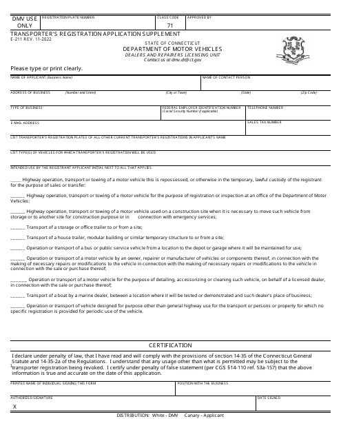 Form E-211 Transporter's Registration Application Supplement - Connecticut