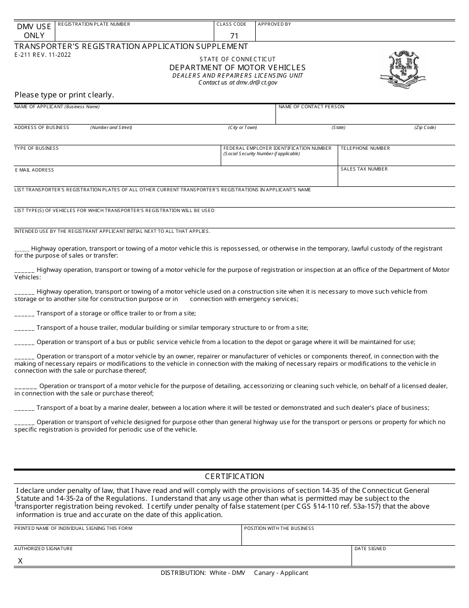 Form E-211 Transporters Registration Application Supplement - Connecticut, Page 1