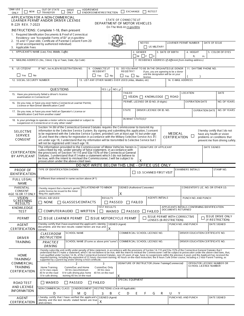 Form R-229 Application for a Non-commercial Learner Permit and / or Driver License - Connecticut, Page 1