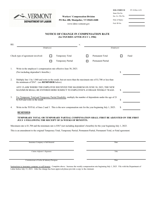 DOL Form 28 Notice of Change in Compensation Rate (For Injuries After July 1, 1986) - Vermont, 2024