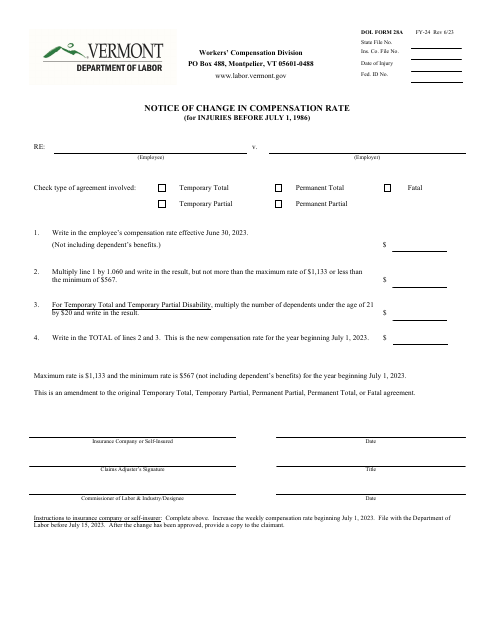 DOL Form 28A Notice of Change in Compensation Rate (For Injuries Before July 1, 1986) - Vermont, 2024