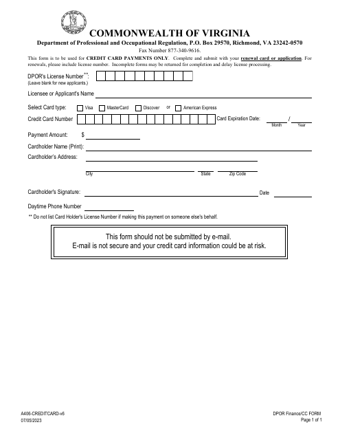 Form A406-CREDITCARD  Printable Pdf
