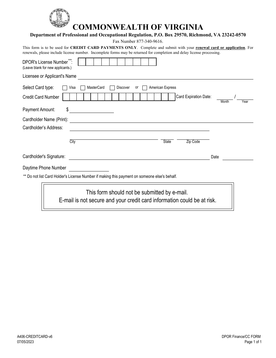 Form A406-CREDITCARD Credit Card Payment Form - Virginia, Page 1