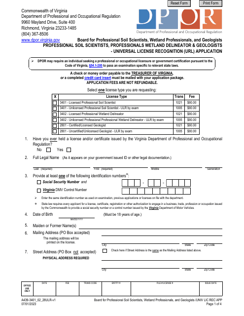 Form A439-3401_02_28ULR Professional Soil Scientists, Professionals Wetland Delineator & Geologists - Universal License Recognition (Url) Application - Virginia