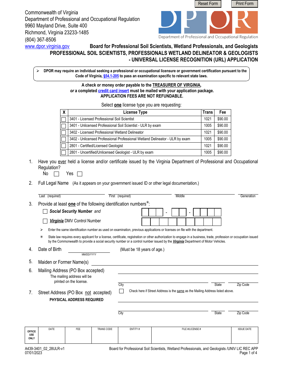 Form A439-3401_02_28ULR Professional Soil Scientists, Professionals Wetland Delineator  Geologists - Universal License Recognition (Url) Application - Virginia, Page 1