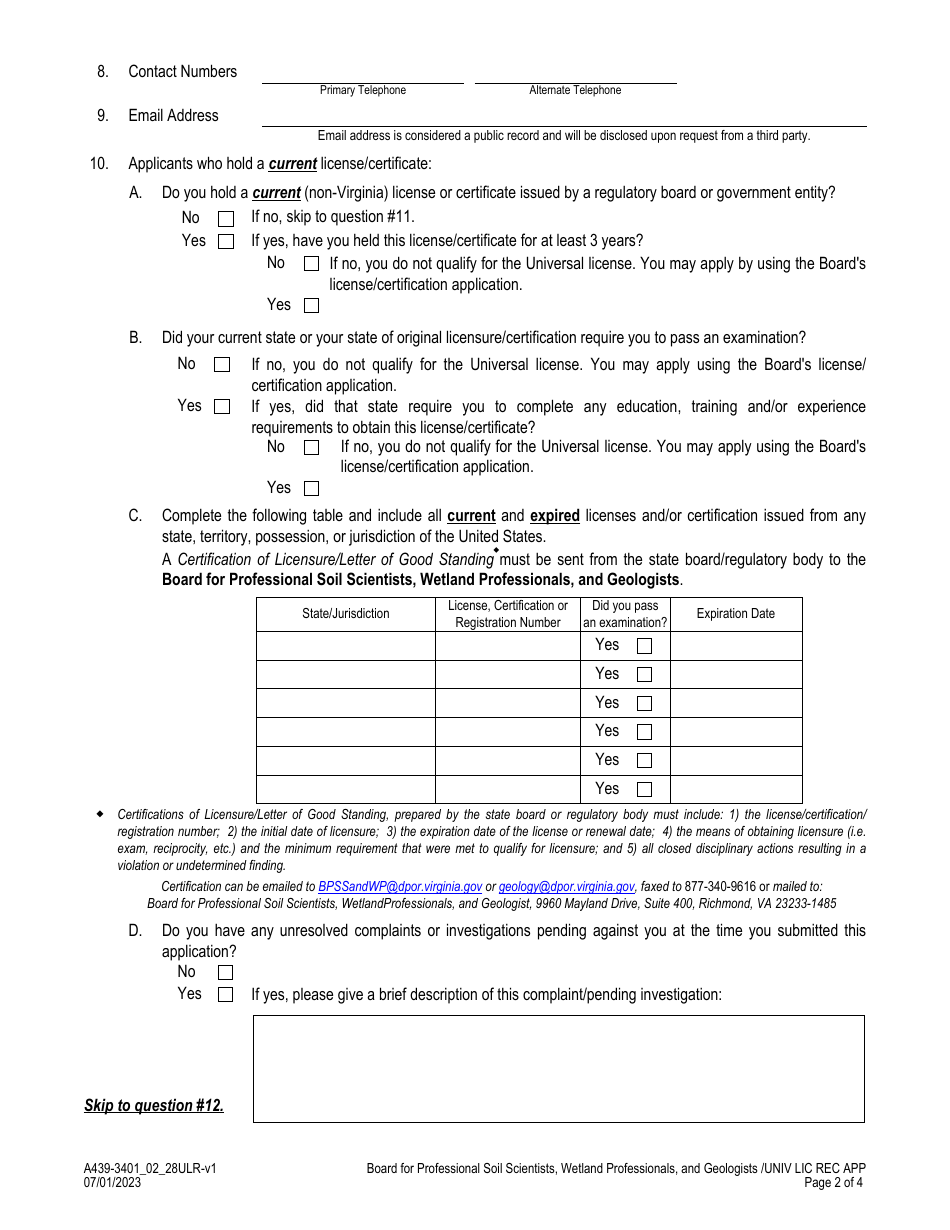 Form A439-3401_02_28ULR Professional Soil Scientists, Professionals Wetland Delineator  Geologists - Universal License Recognition (Url) Application - Virginia, Page 2