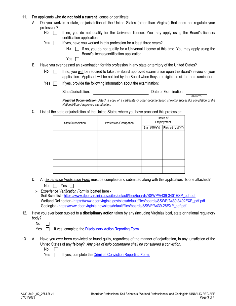 Form A439-3401_02_28ULR Professional Soil Scientists, Professionals Wetland Delineator  Geologists - Universal License Recognition (Url) Application - Virginia, Page 3