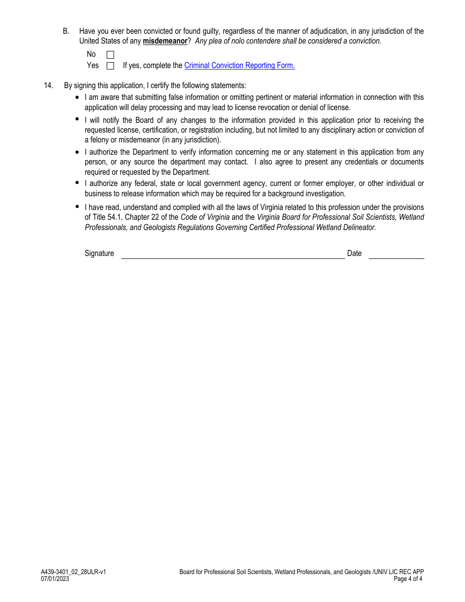 Form A439-3401_02_28ULR Professional Soil Scientists, Professionals Wetland Delineator  Geologists - Universal License Recognition (Url) Application - Virginia, Page 4