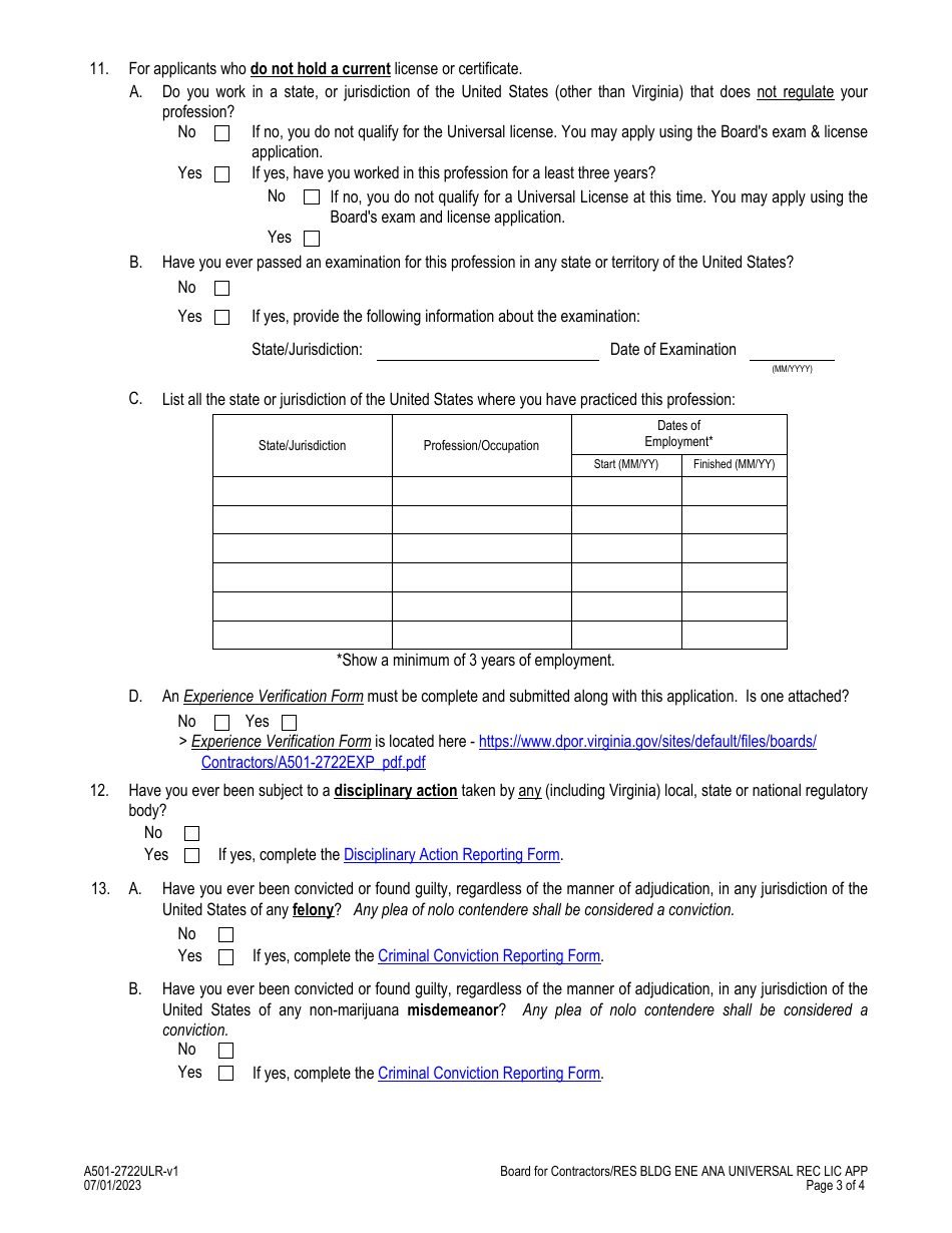 Form A501-2722ULR Residential Building Energy Analyst - Universal License Recognition (Url) Application - Virginia, Page 3