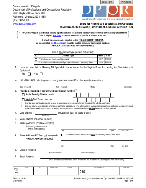 Form A440-2101ULR Hearing Aid Specialist - Universal License Application - Virginia