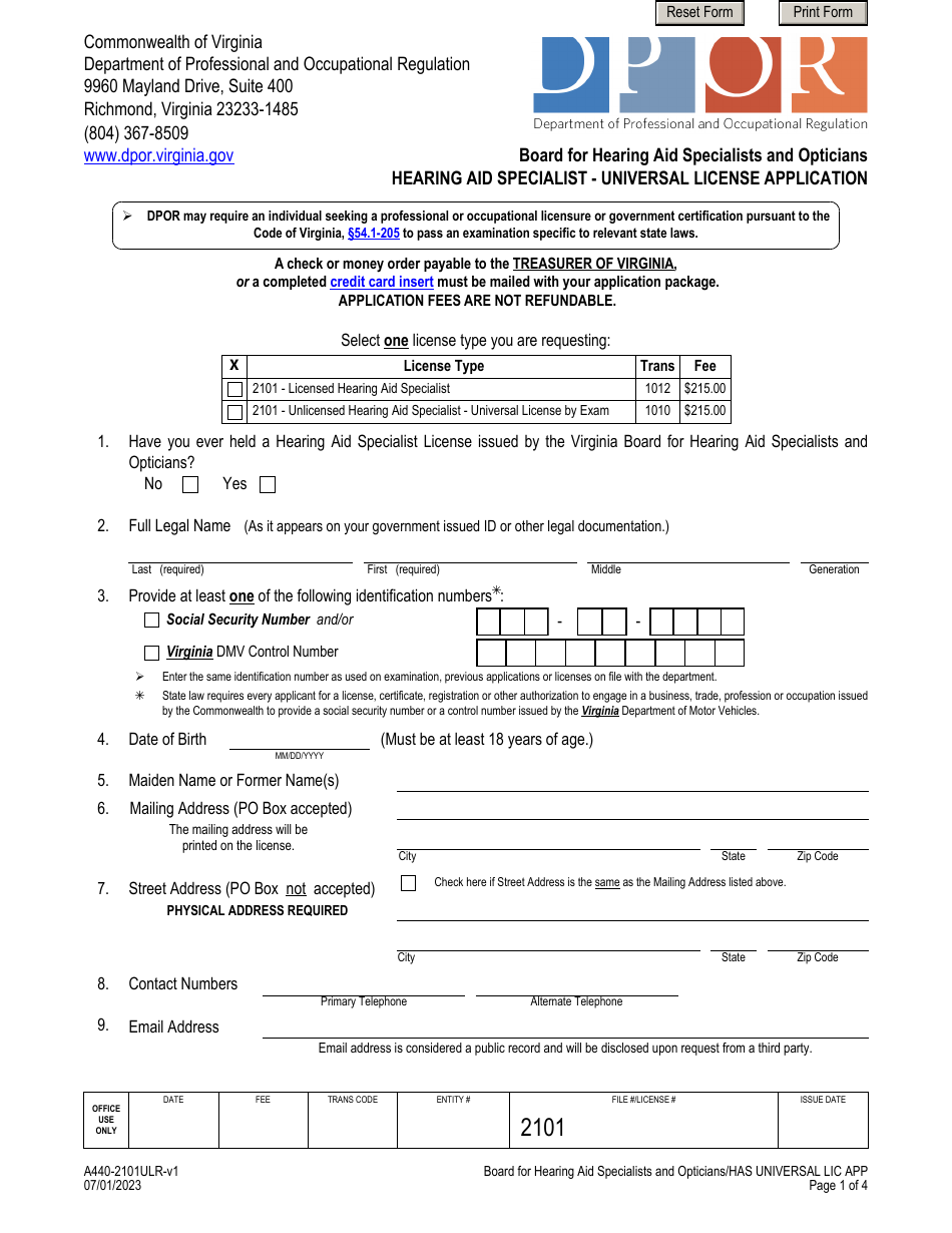 Form A440-2101ULR Hearing Aid Specialist - Universal License Application - Virginia, Page 1