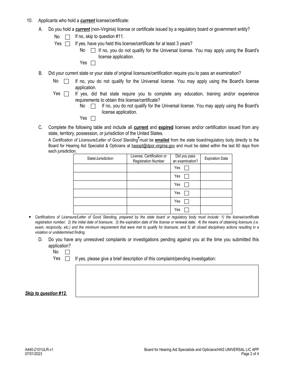 Form A440-2101ULR Hearing Aid Specialist - Universal License Application - Virginia, Page 2