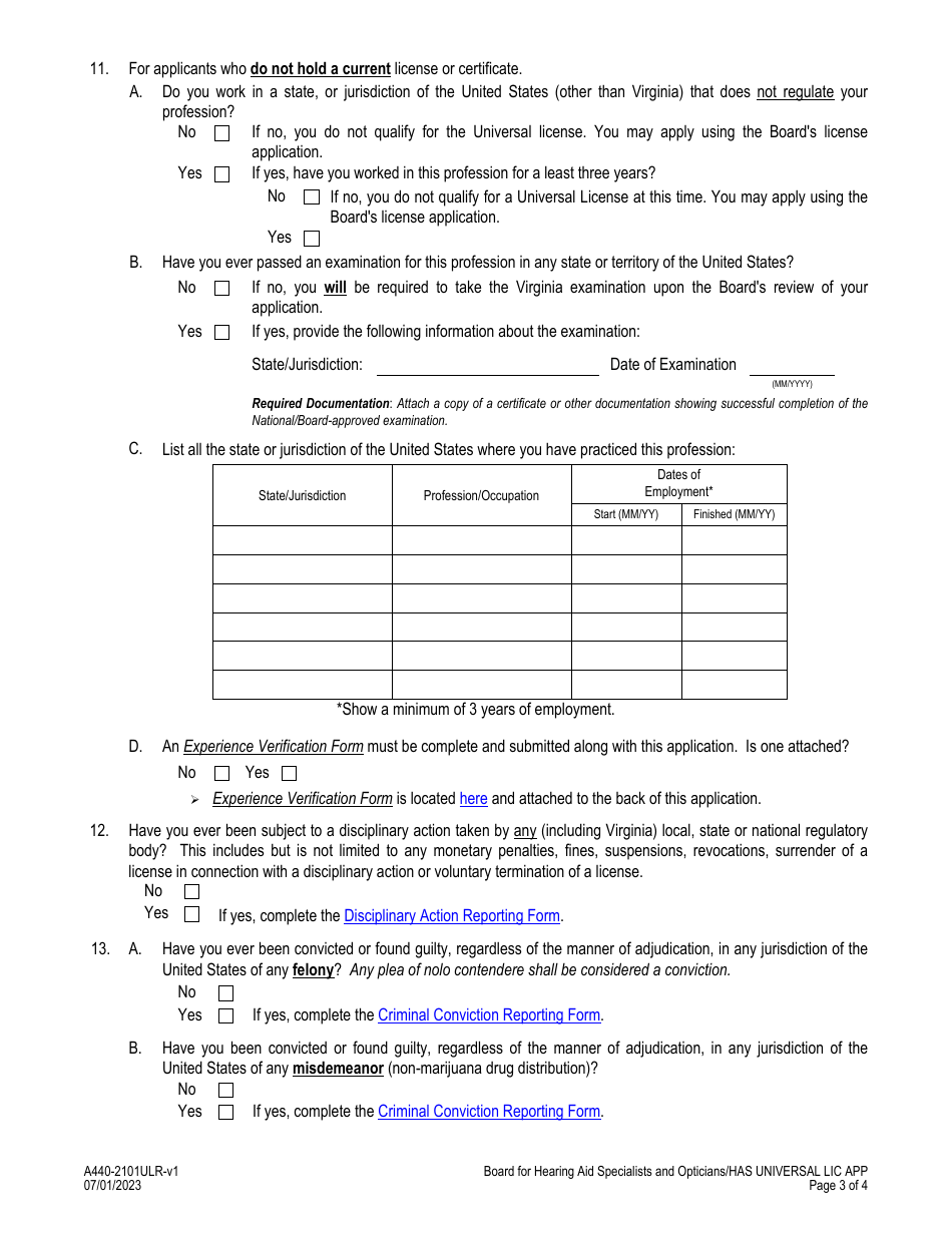 Form A440-2101ULR Hearing Aid Specialist - Universal License Application - Virginia, Page 3