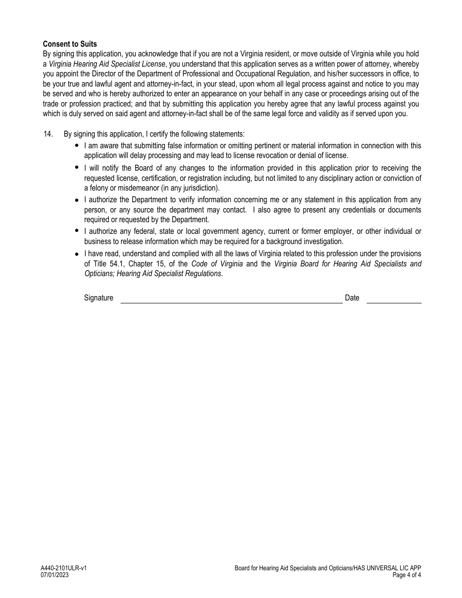 Form A440-2101ULR Hearing Aid Specialist - Universal License Application - Virginia, Page 4