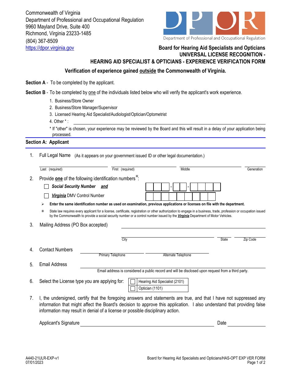 Form A440-2101ULR Hearing Aid Specialist - Universal License Application - Virginia, Page 5