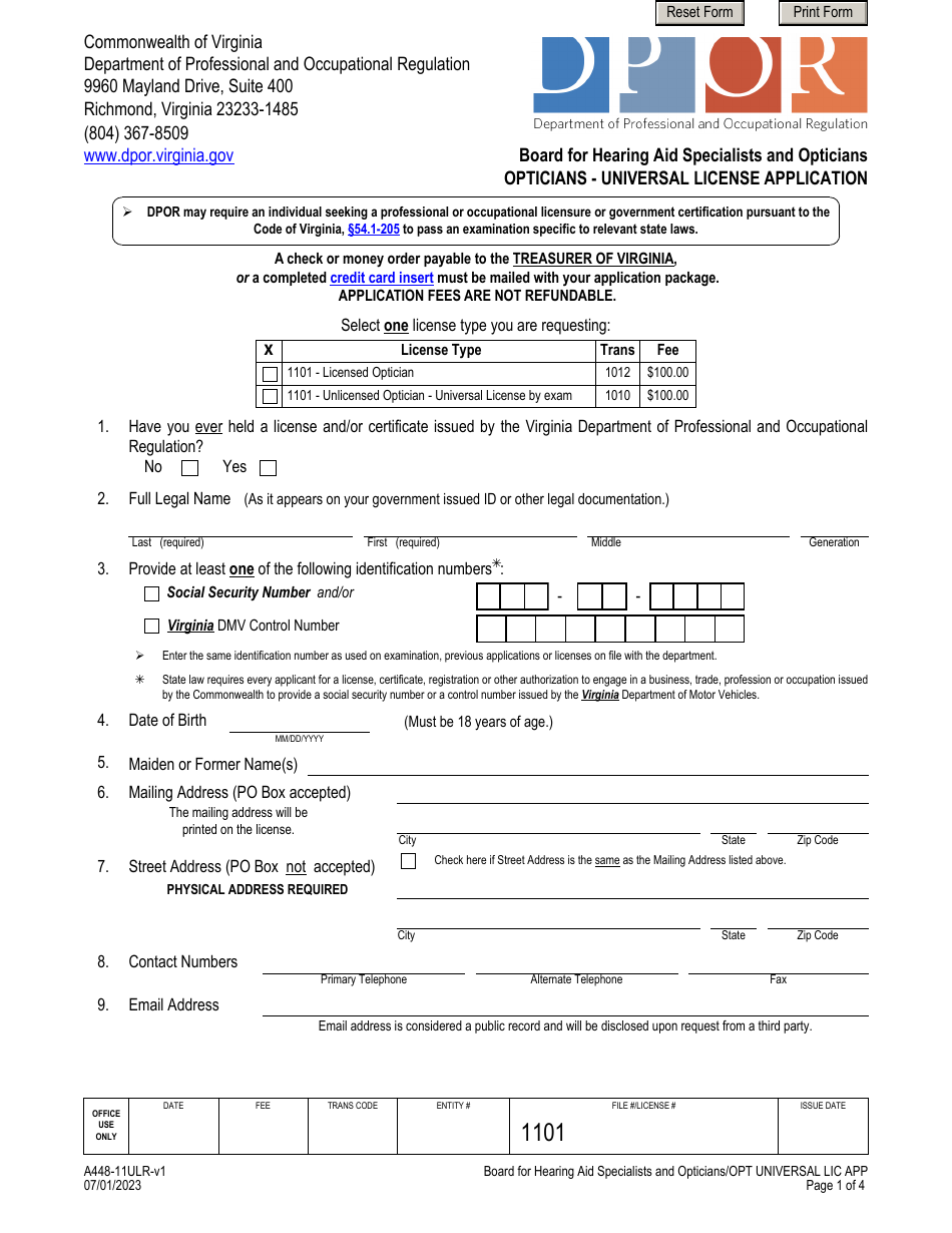 Form A448-11ULR Opticians - Universal License Application - Virginia, Page 1