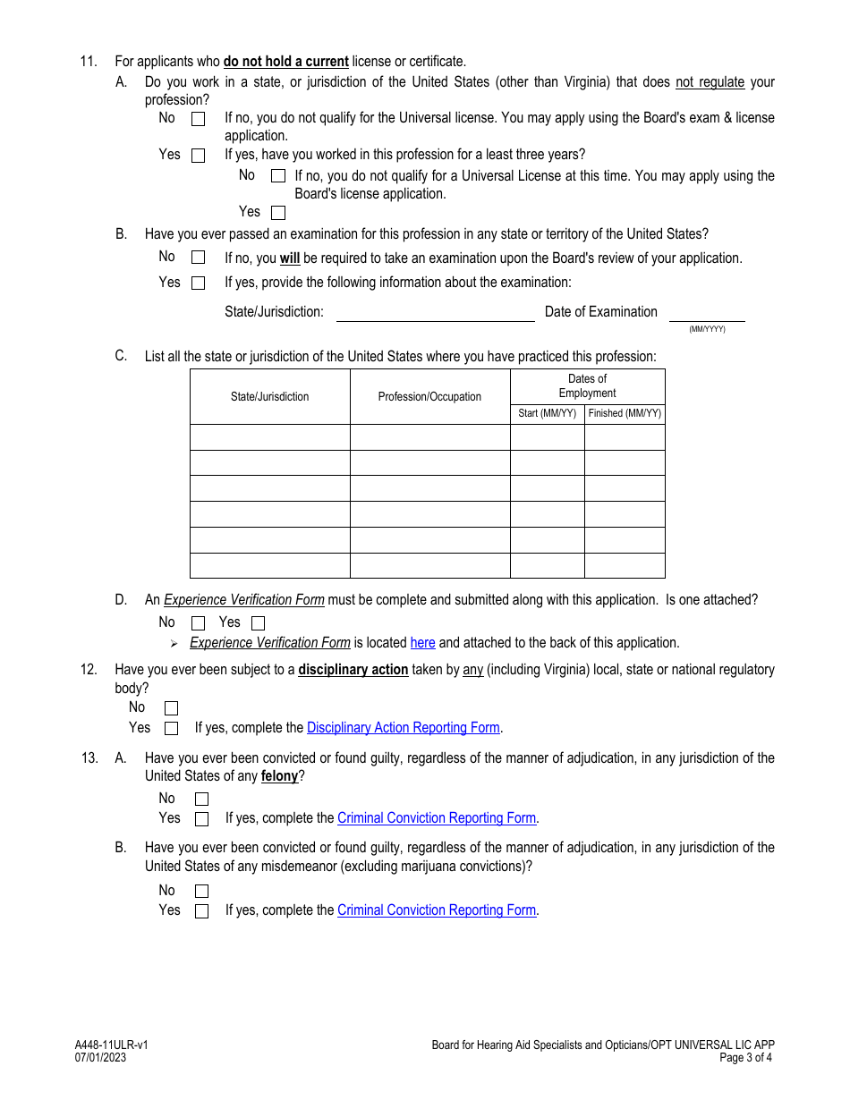 Form A448-11ULR Opticians - Universal License Application - Virginia, Page 3
