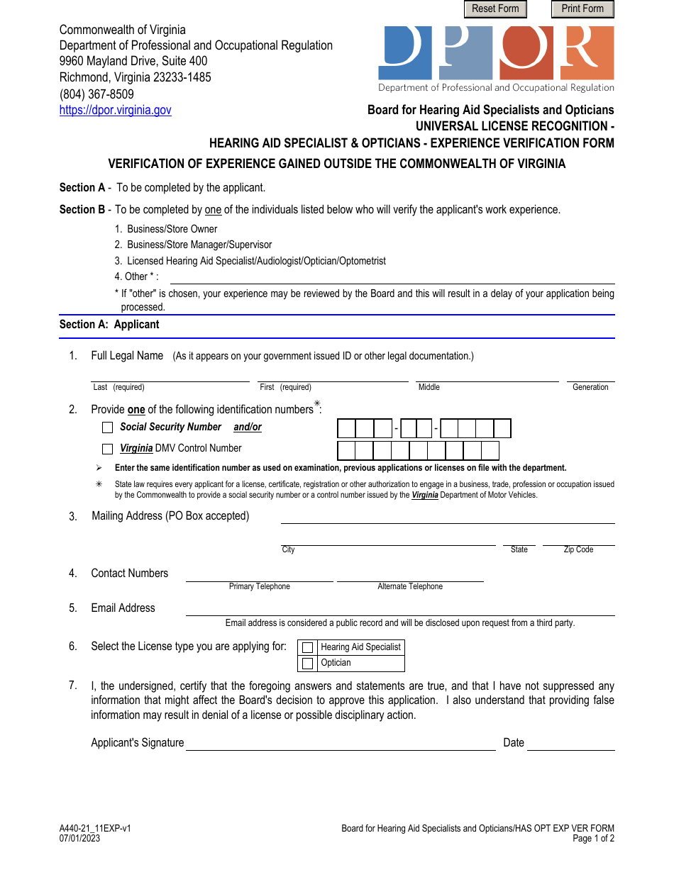 Form A448-11ULR Opticians - Universal License Application - Virginia, Page 5