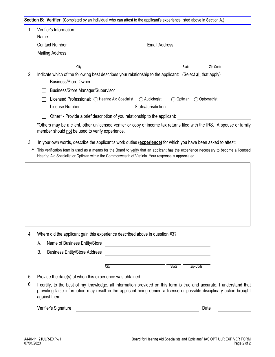 Form A448-11ULR Opticians - Universal License Application - Virginia, Page 6