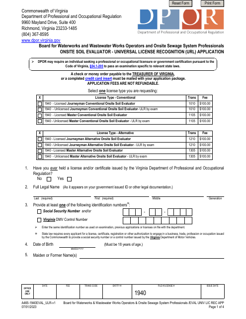 Form A465-1940EVAL_ULR Onsite Soil Evaluator - Universal License Recognition (Url) Application - Virginia