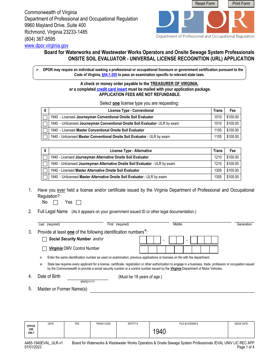 Form A465-1940EVAL_ULR Onsite Soil Evaluator - Universal License Recognition (Url) Application - Virginia, Page 1