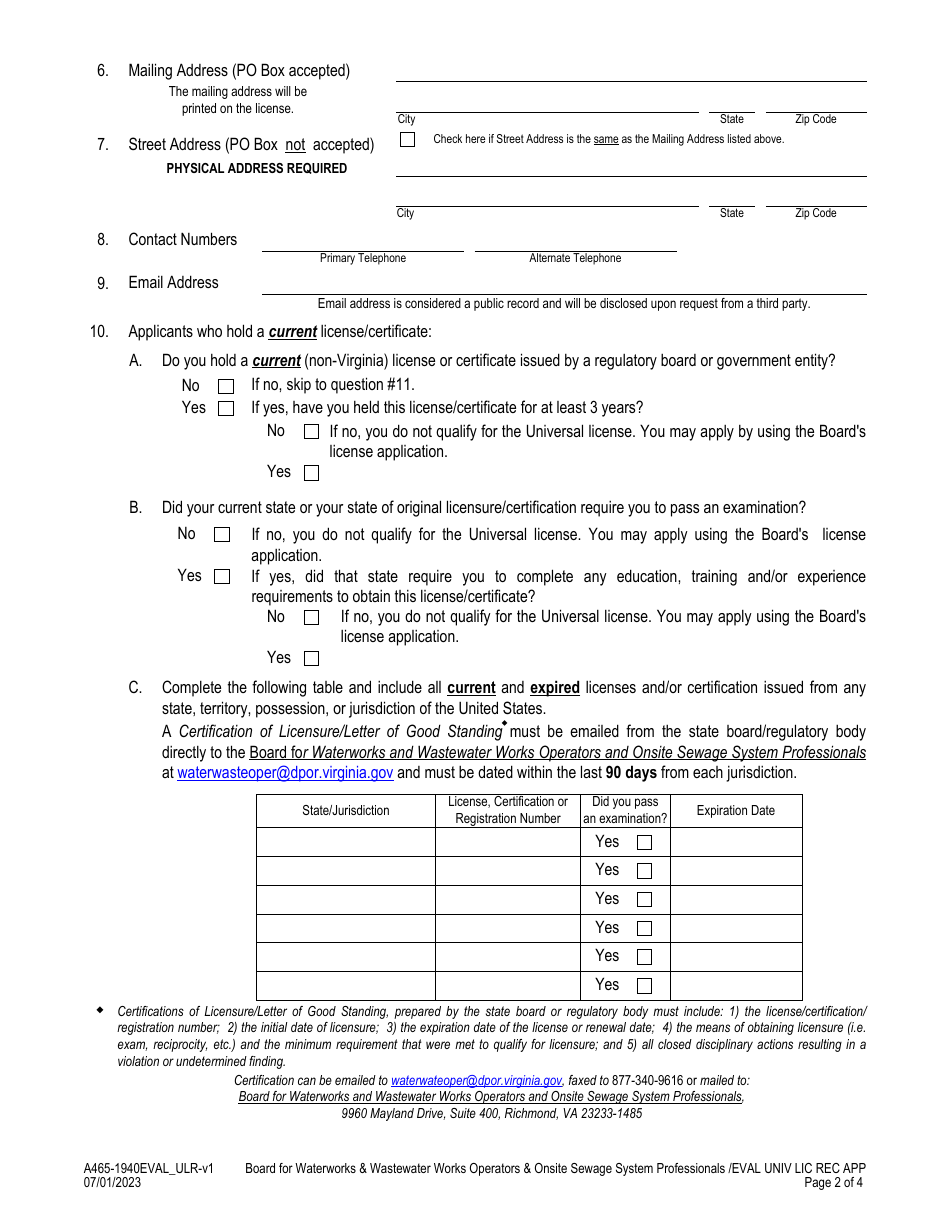 Form A465-1940EVAL_ULR Onsite Soil Evaluator - Universal License Recognition (Url) Application - Virginia, Page 2