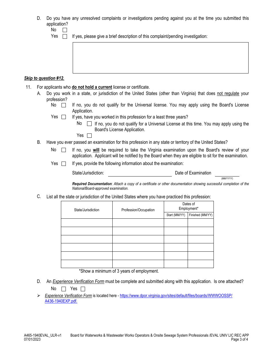 Form A465-1940EVAL_ULR Onsite Soil Evaluator - Universal License Recognition (Url) Application - Virginia, Page 3