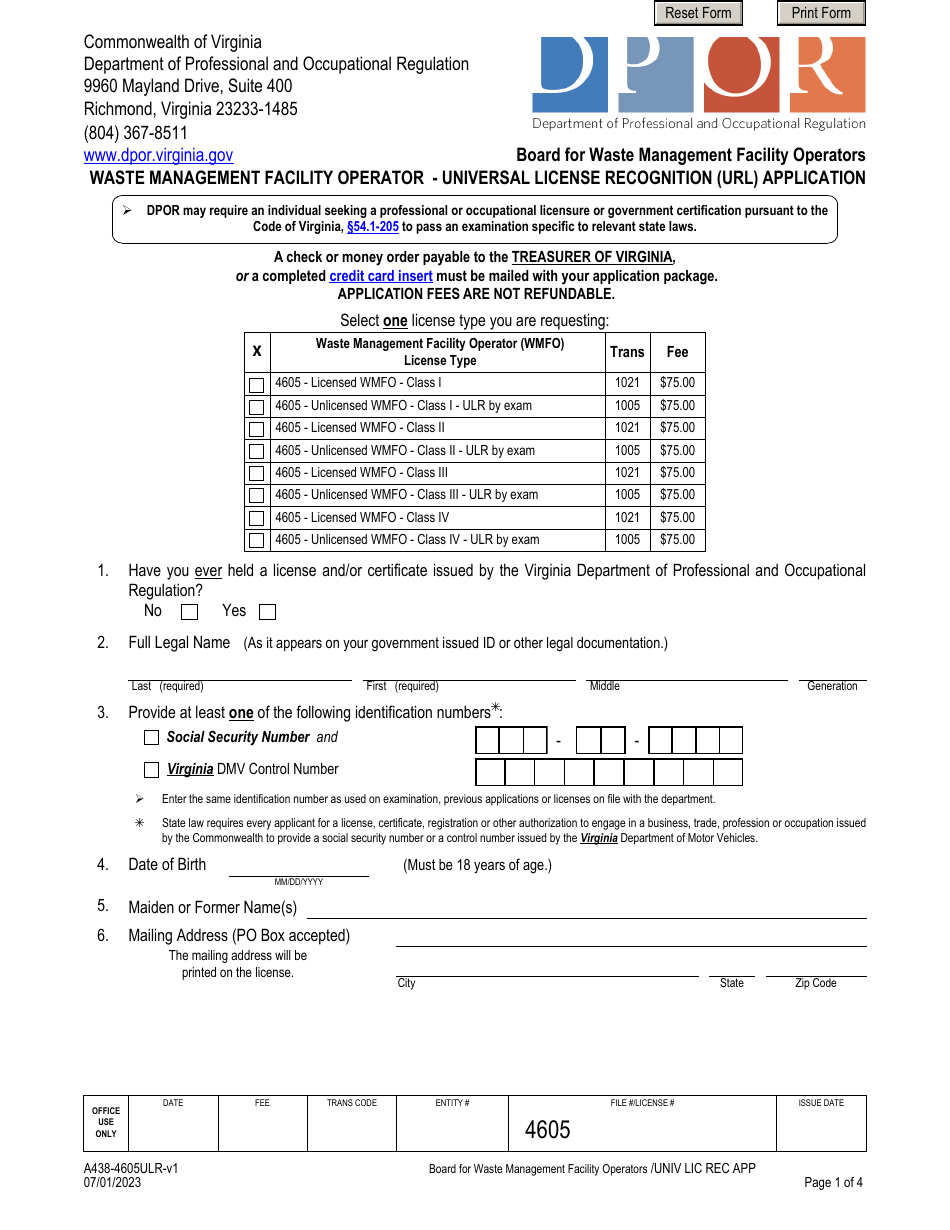 Form A438-4605ULR Waste Management Facility Operator - Universal License Recognition (Url) Application - Virginia, Page 1