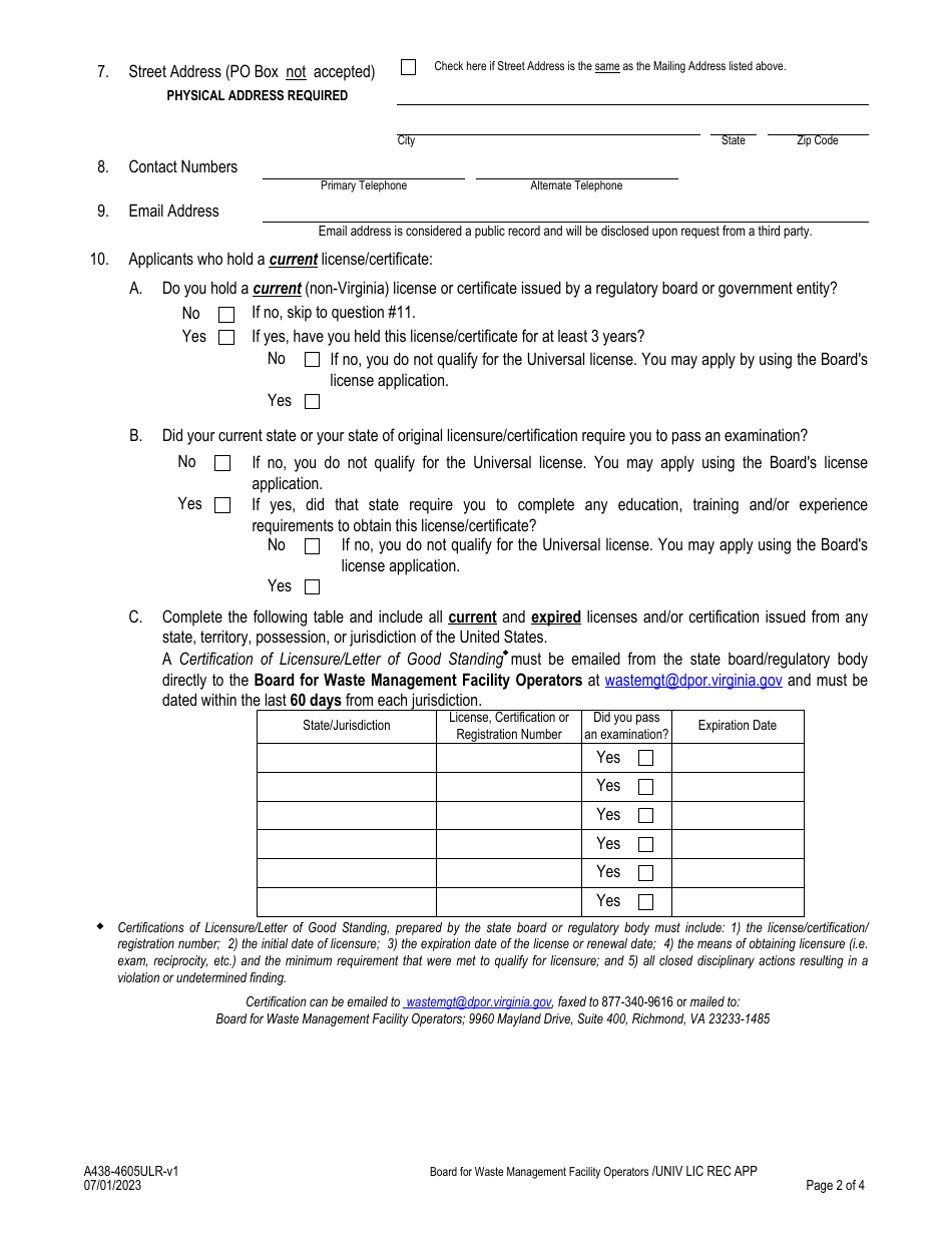 Form A438-4605ULR Waste Management Facility Operator - Universal License Recognition (Url) Application - Virginia, Page 2