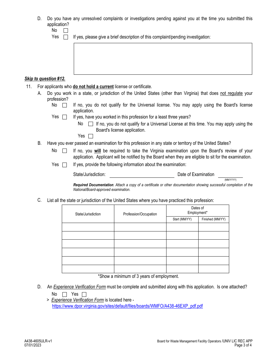 Form A438-4605ULR Waste Management Facility Operator - Universal License Recognition (Url) Application - Virginia, Page 3